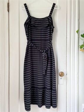 Banana Republic Black and White Striped Midi Dress with Waist Tie